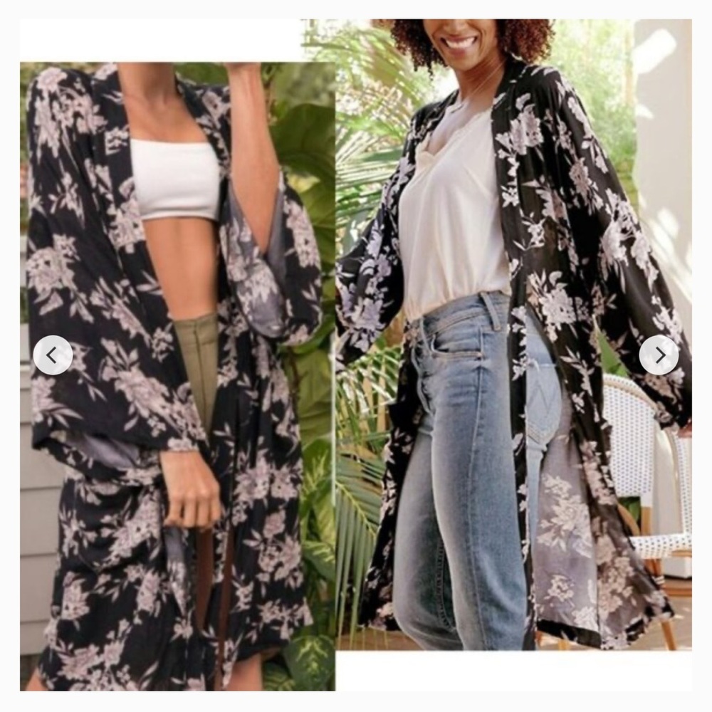 Spiritual Gangster Maya Black and White Floral Print Open Kimono One Size